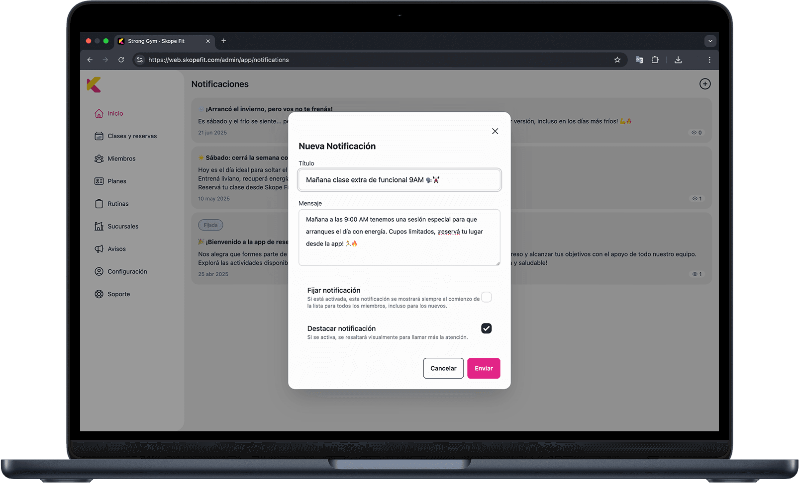 Notificaciones enviadas desde el panel y recibidas en la app