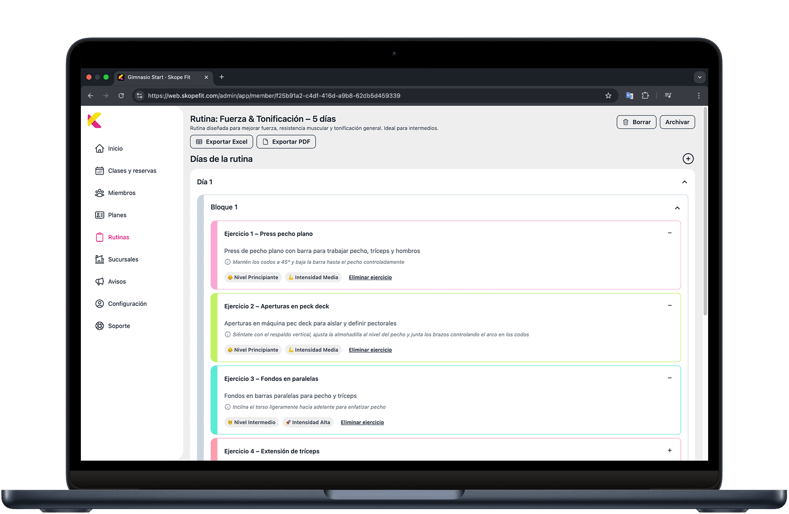 Rutinas en la app y en el panel de administrador