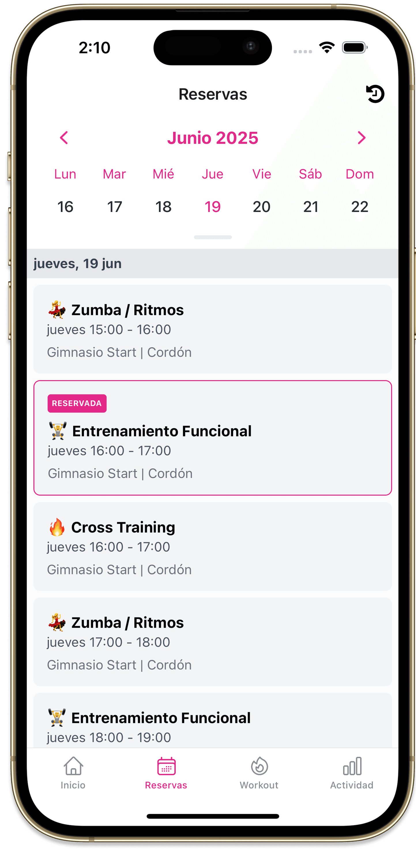 Reservas y actividad en la app