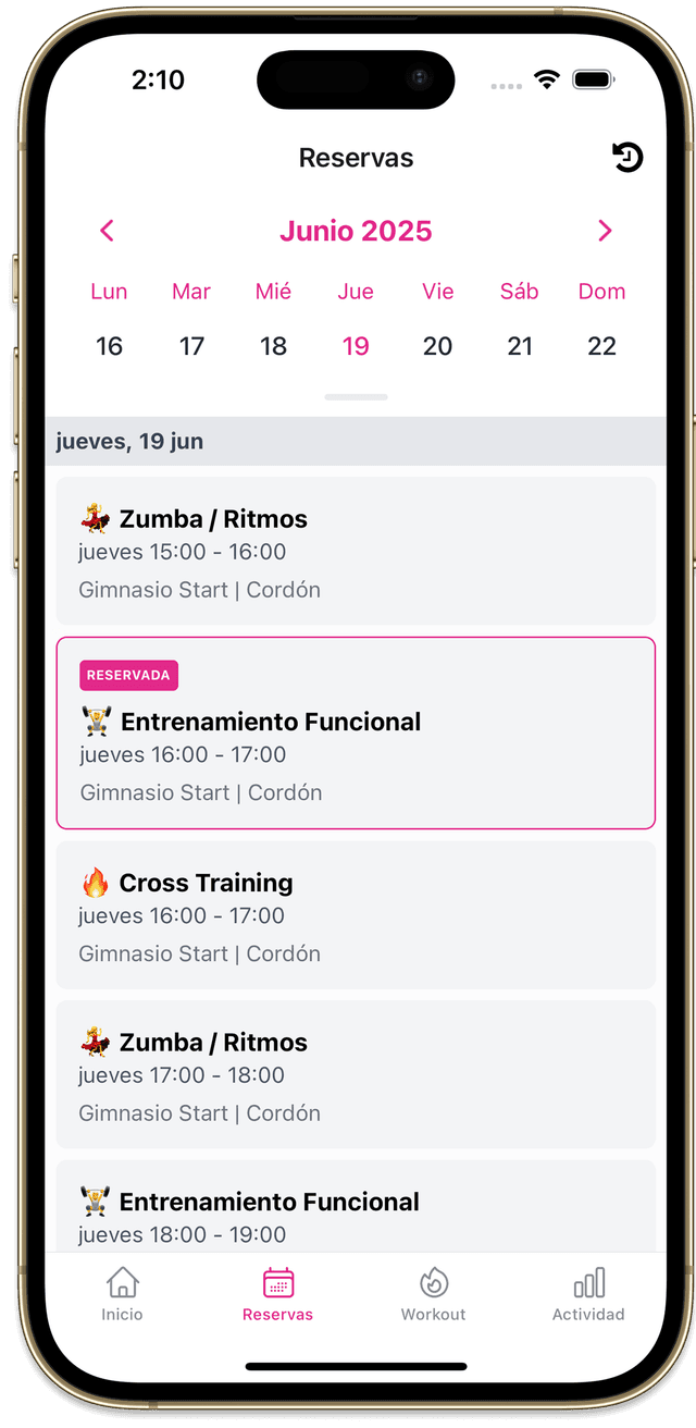 Reservas en la app de Skope Fit
